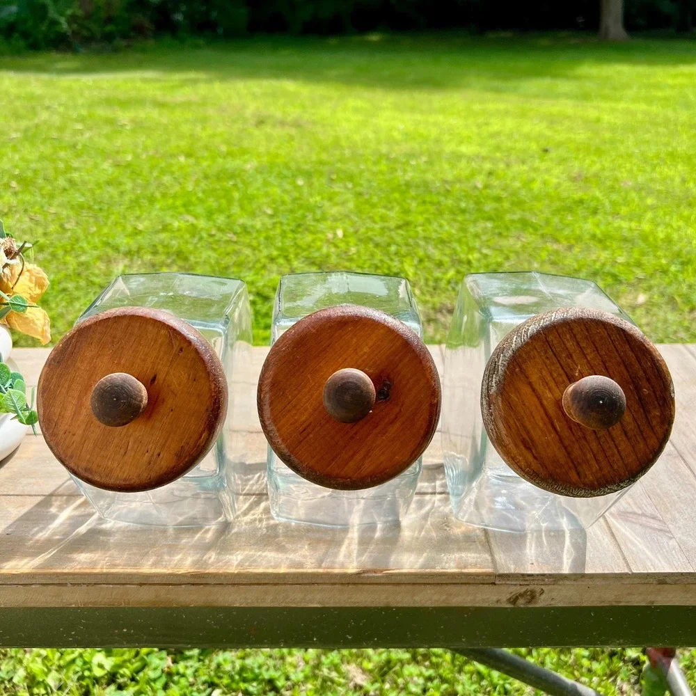 Vintage Glass Jar Canisters w/ Wood Lids | Set of 3